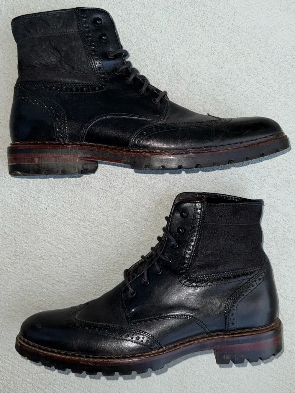 Johnston & Murphy Jennings Shearling Boots 10.5 M Black Leather Wing Tip Brazil